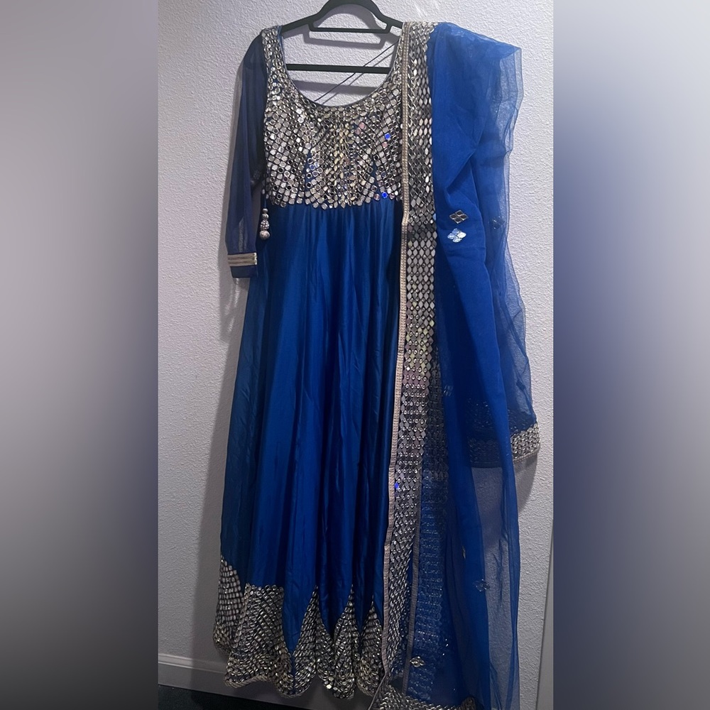 Elegant royal blue anarkali suit with mirror work